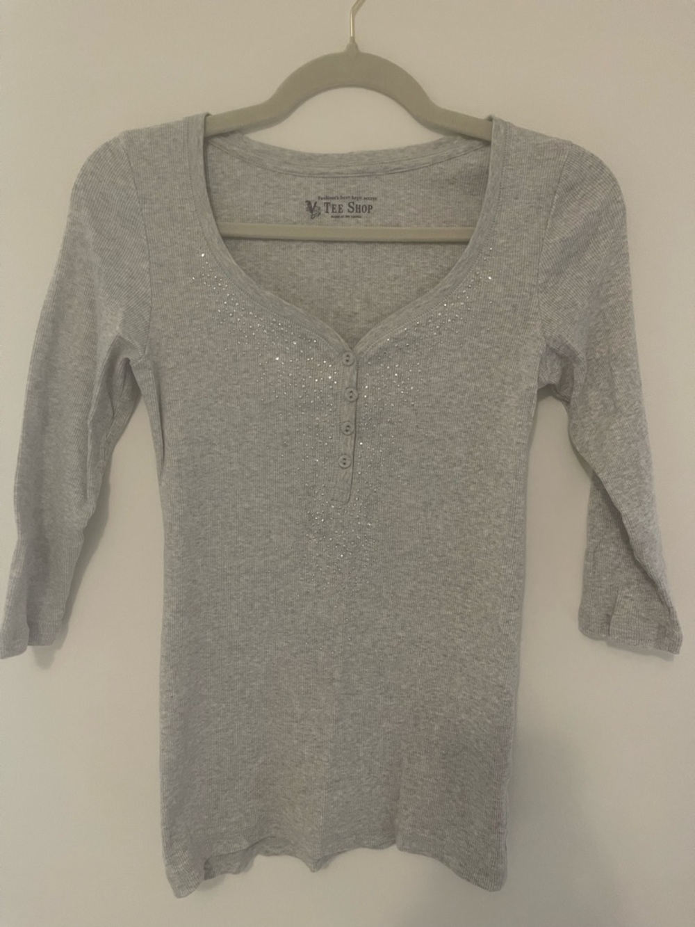 Light Gray Scoop Neck Henley with Rhinestone Accents